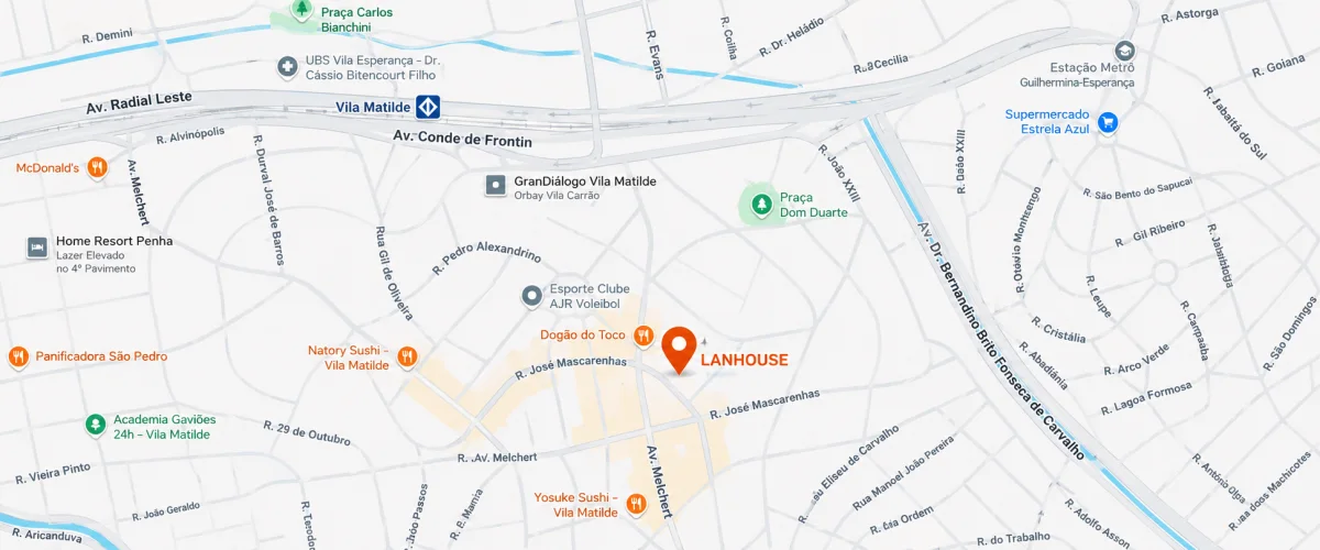 Mapa de localização da LANHOUSE na Avenida Marcondes de Brito, 1537, Vila Matilde, São Paulo